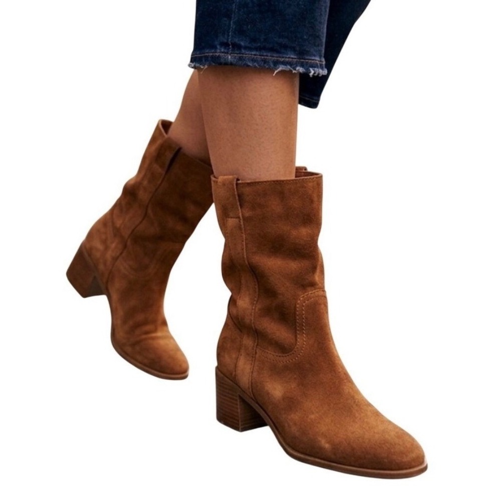 Steve Madden Romney Tan Suede Square Toe Block Heel Western Mid Calf Boots 7.5M